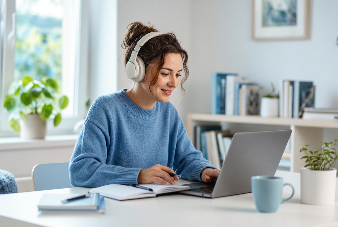 Frau lernt online eine Sprache am Laptop mit Kopfhörern